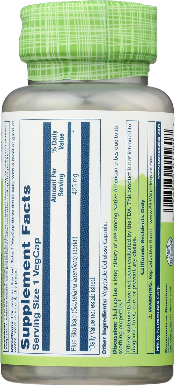 SOLARAY Blue Skullcap Supplement - 425 mg Skull Cap Extract Capsules for Women & Men, Whole Aerial, Non-GMO, Lab Verified Formula - 100 Count VegCaps