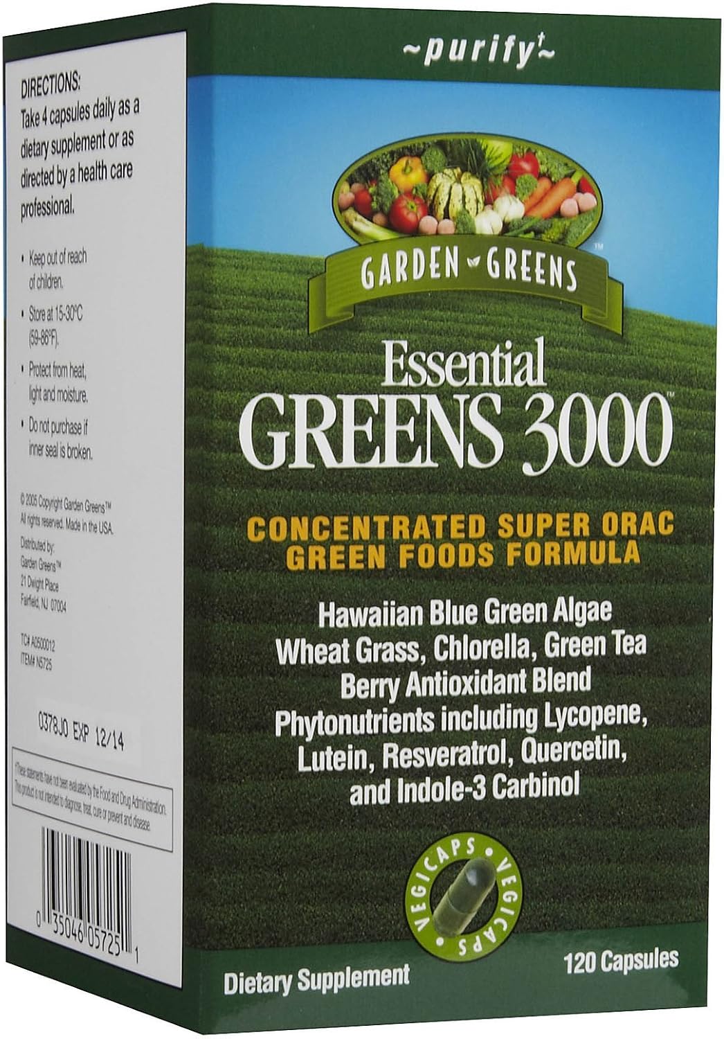 Garden Greens Essential Greens 3000 Veggie Capsules, 120 Count