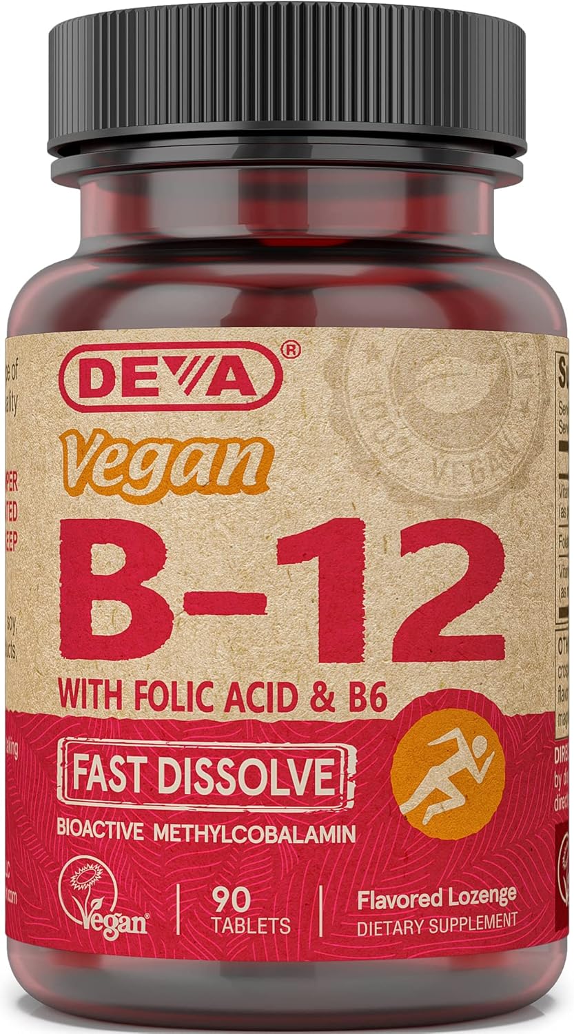 Deva Vegan Vitamin B12 Fast Dissolve Supplement – 1000 mcg Methylcobalamin with B6 & Folic Acid – Lemon Flavour – 90 Lozenges
