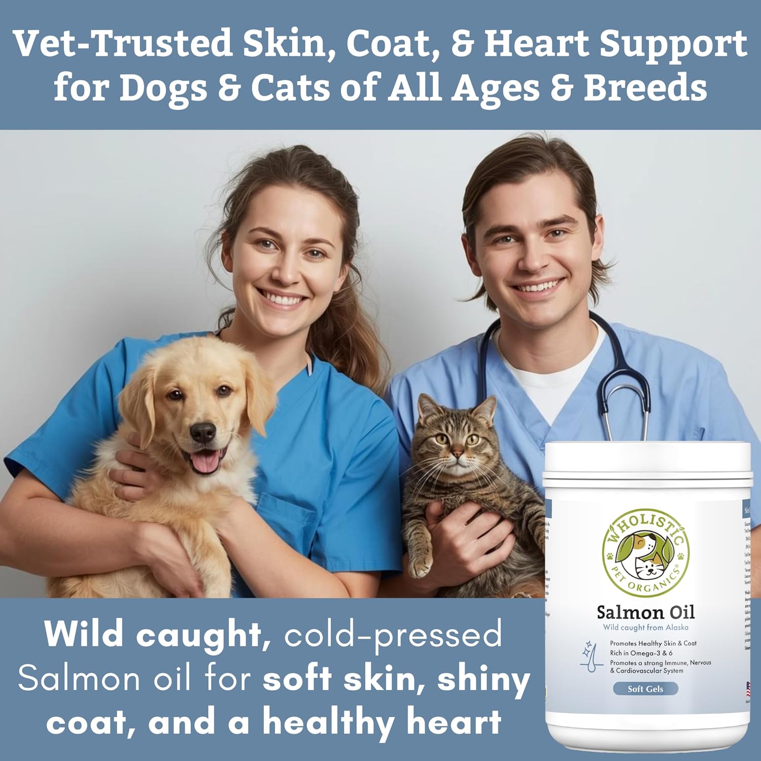 Wholistic Pet Organics Wild Alaskan Salmon Oil for Dogs – Omega 3 with EPA & DHA, 100 Softgels