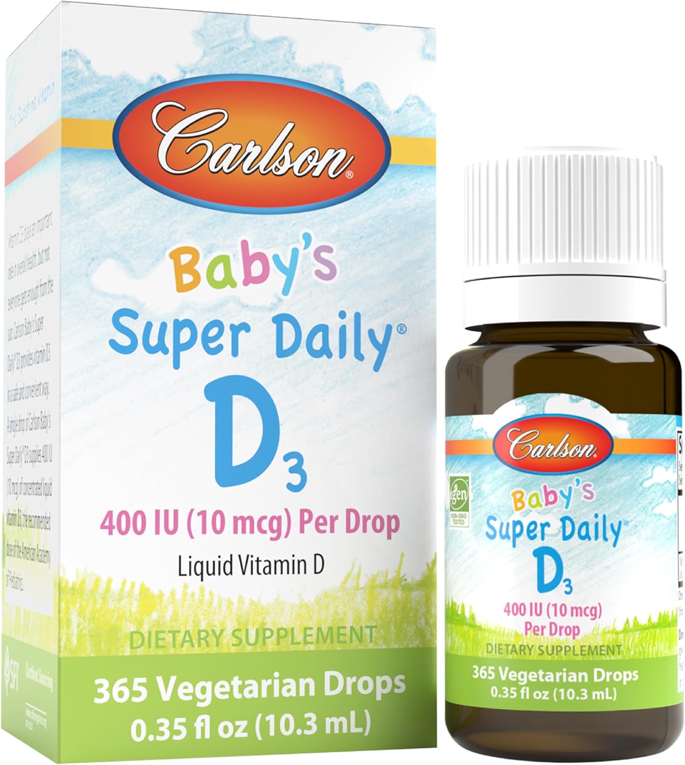 Carlson Baby's Super Daily D3 - Baby Vitamin D Drops, 400 IU (10 mcg) per Drop, 1-Year Supply, Unflavoured, 365 Drops