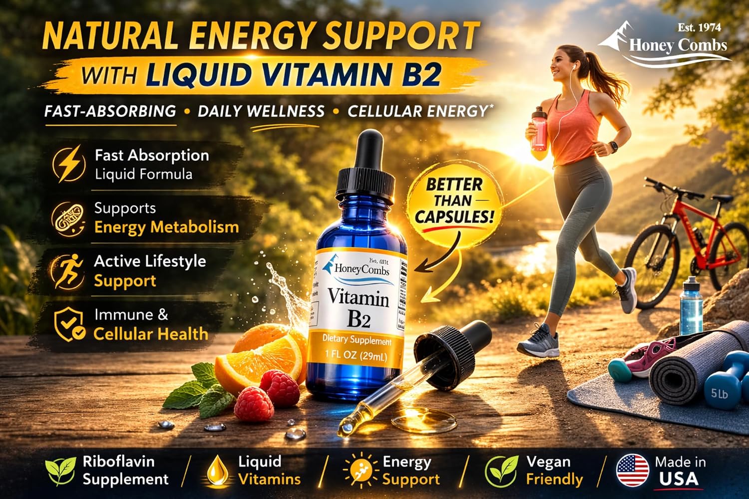 HoneyCombs Vitamin B2 Liquid Drops – High Potency Riboflavin Supplement – Alcohol Free, Vegan – 1 fl oz (30 mL)