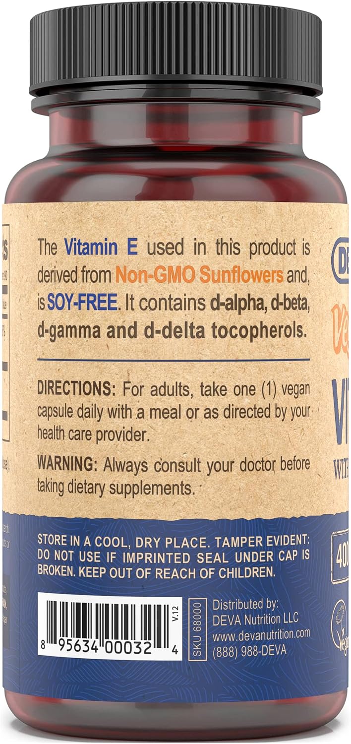 DEVA Vegan Natural Source Vitamin E 400 IU with Mixed Tocopherols, Soy-Free – 90 Veg Caps (Pack of 2)