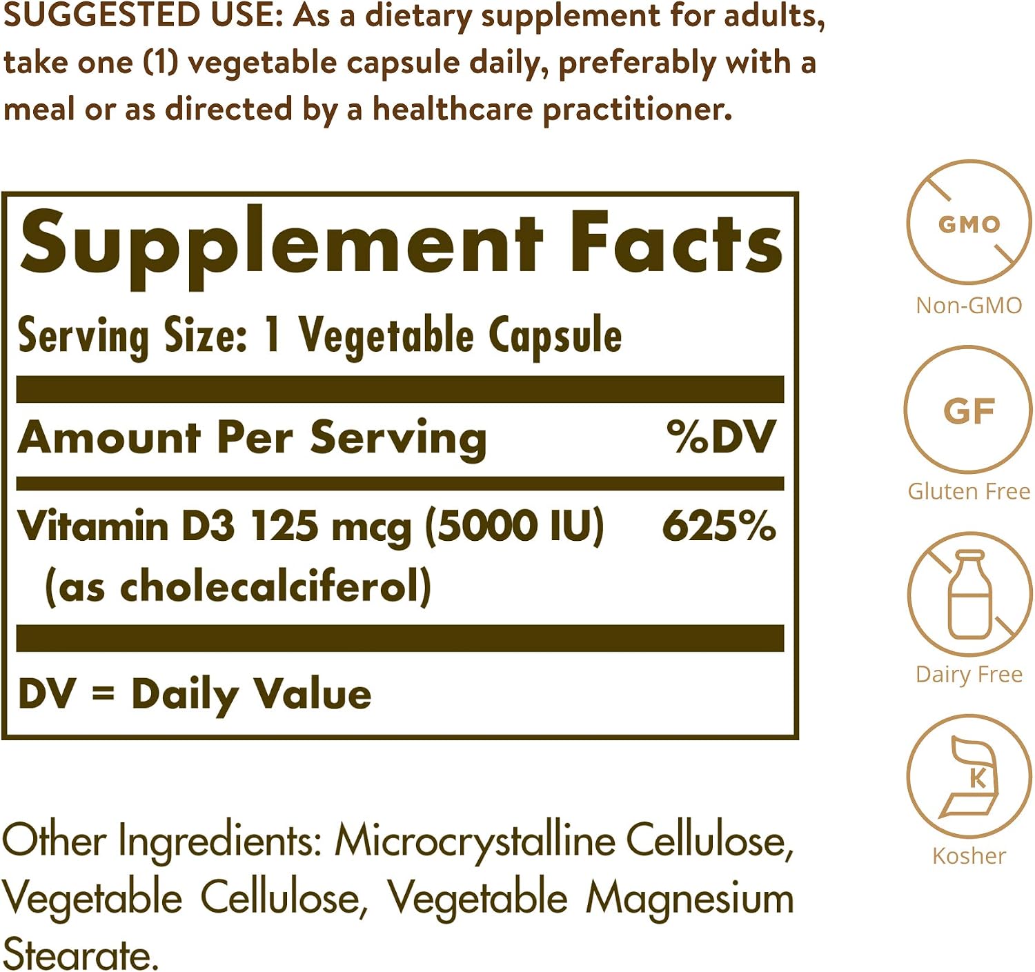 Solgar Vitamin D3 (Cholecalciferol) 125 mcg (5000 IU), 240 Vegetable Capsules