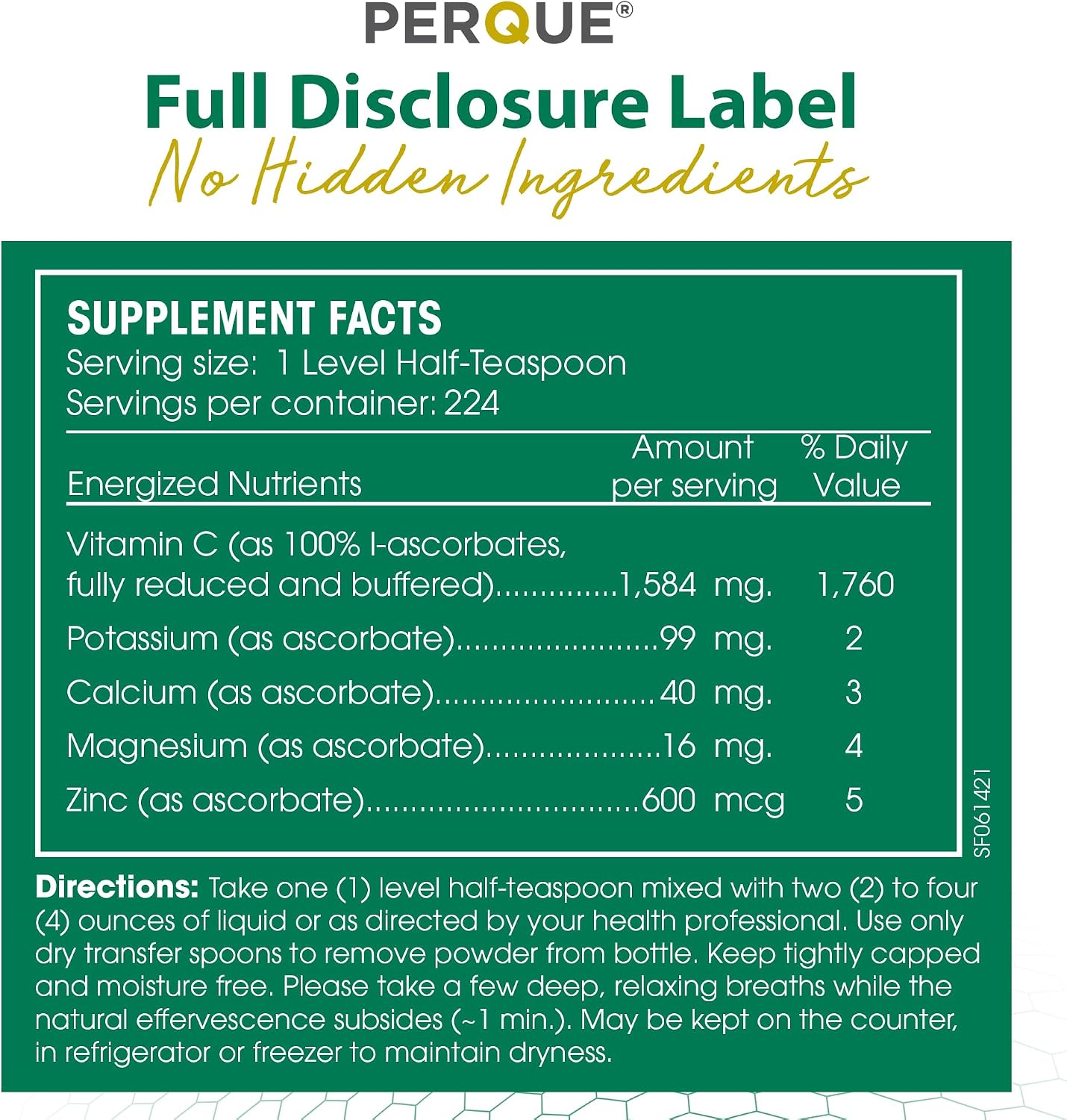PERQUE Buffered Vitamin C Ascorbate Powder – pH Balanced, Allergen-Free, Effervescent – 16 oz (454 g)