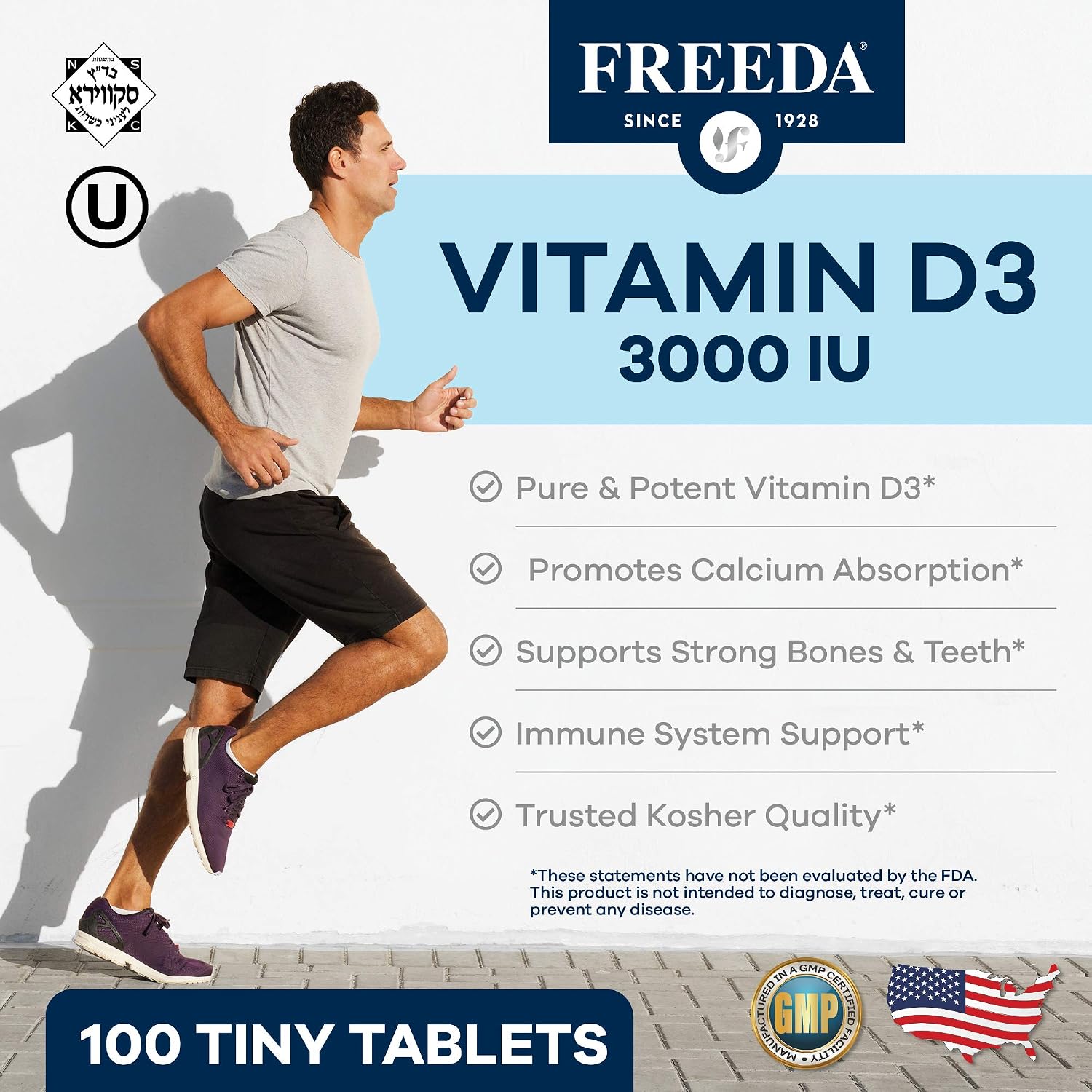 FREEDA Vitamin D3 3000 IU – Kosher Supplement Tablets for Bone & Immune Health