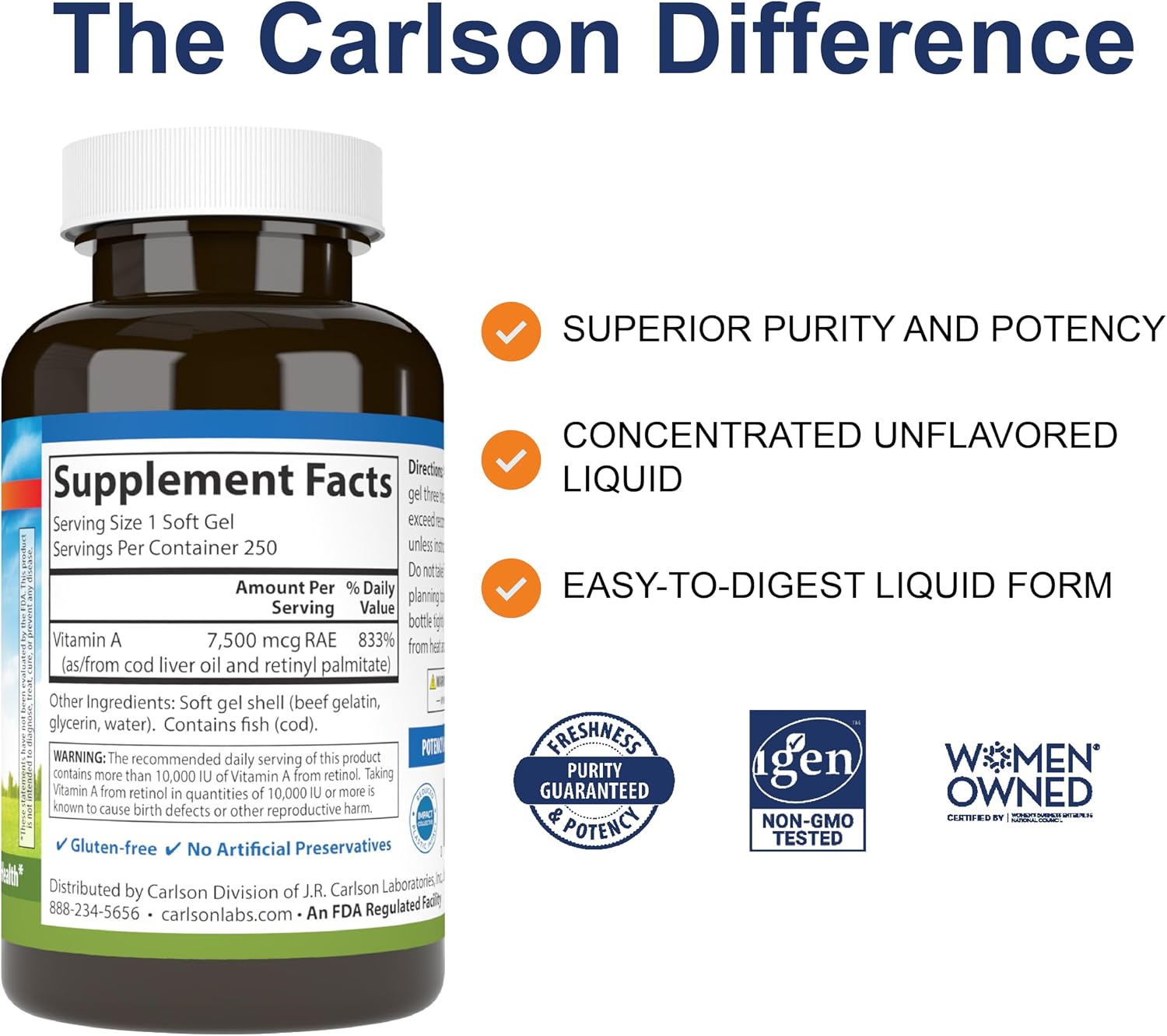 Carlson Vitamin A 25000 IU (7500 mcg RAE) Softgels – Immune Support & Vision Health