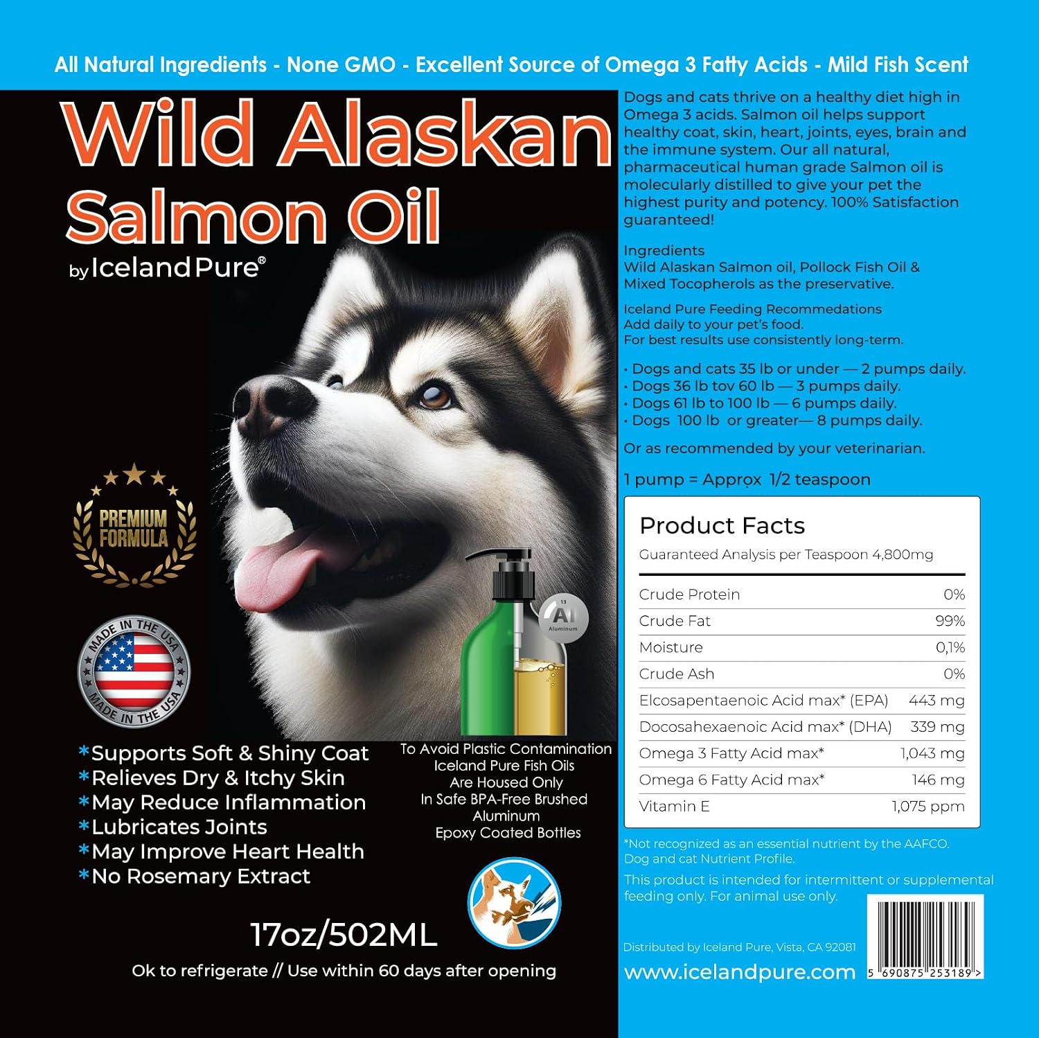 Iceland Pure Wild Alaskan Salmon Oil for Dogs and Cats – Omega-3 Supplement with Pollock Oil, 17 fl oz (500 mL)