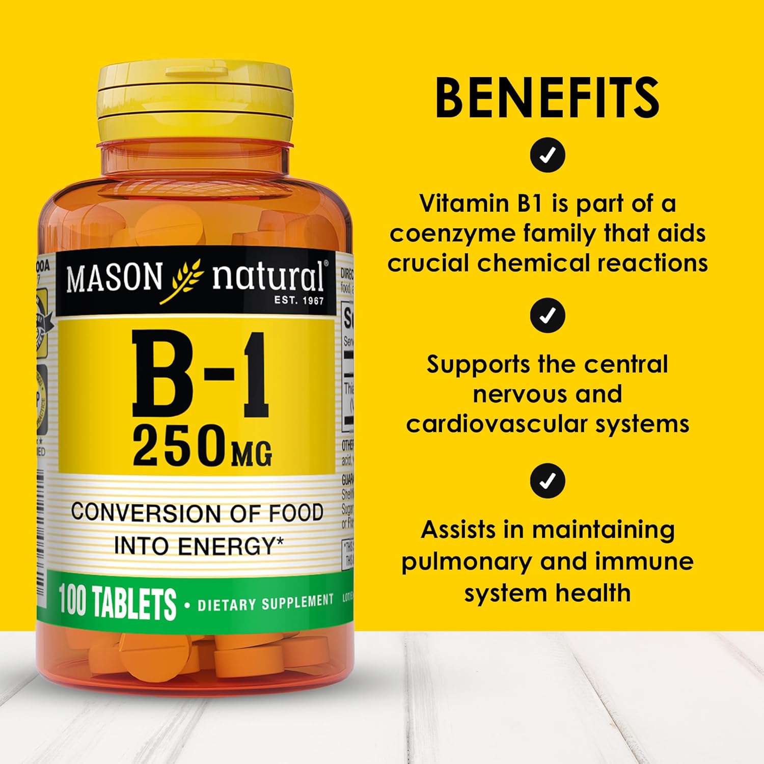 MASON NATURAL Vitamin B1 (Thiamine) 250 mg, 100 Tablets
