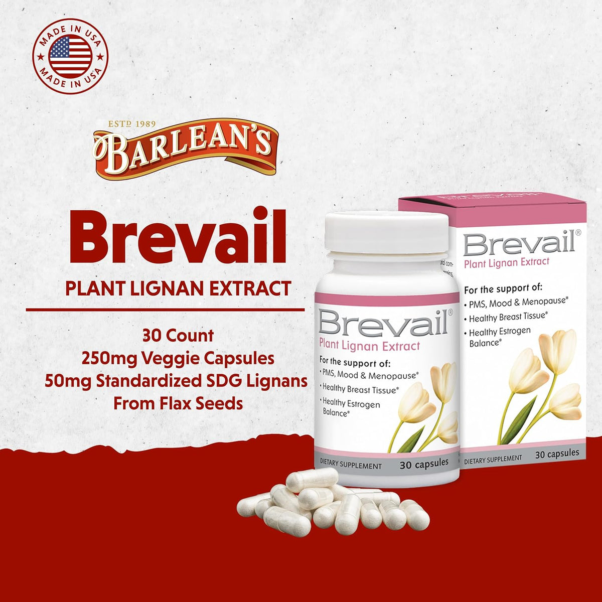 Barlean's Brevail Plant Lignan Extract - Women's Breast Health Supplement, 30 Vegan Capsules - görsel 3