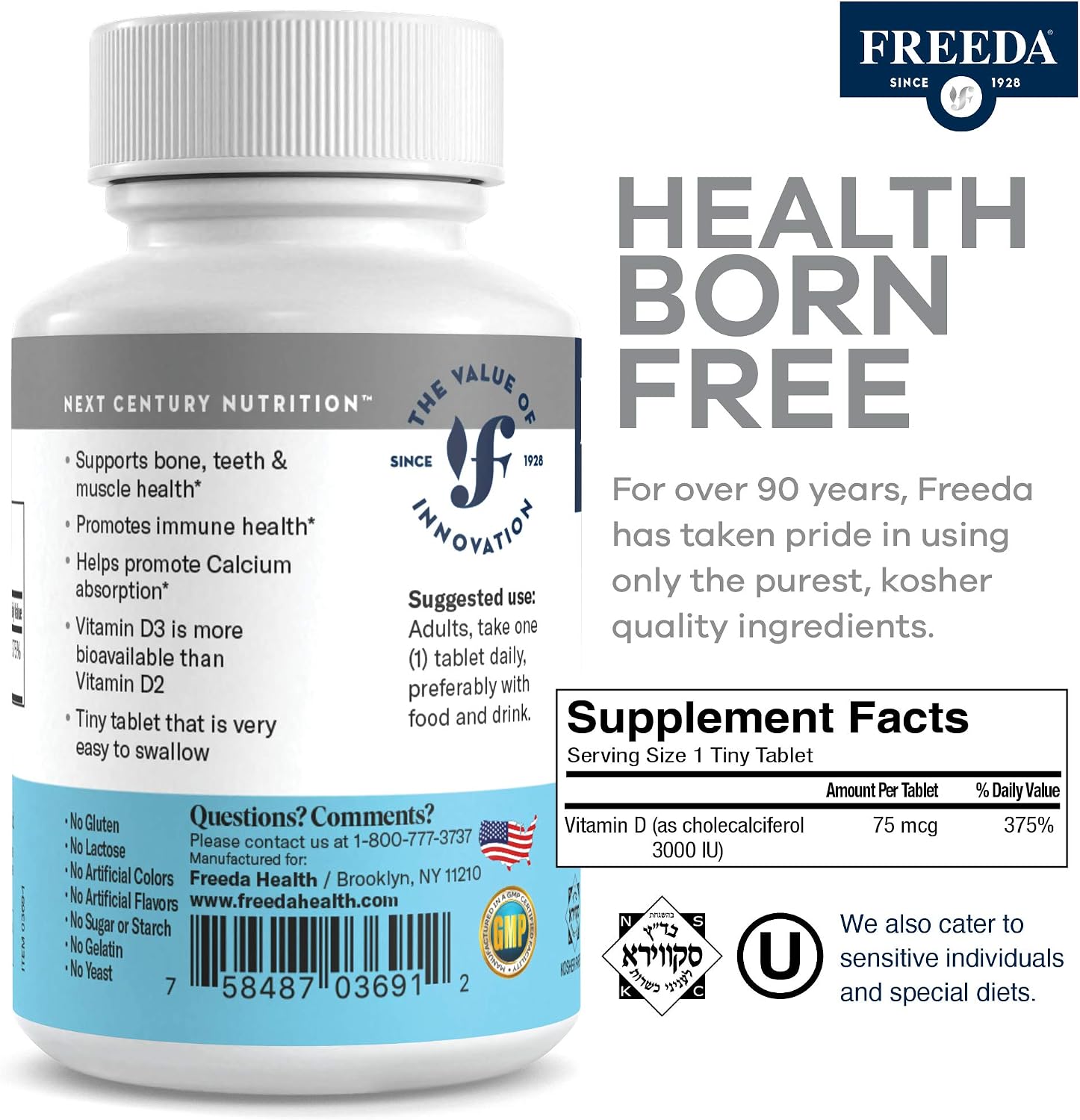 FREEDA Pure Vitamin D3 3000 IU – Daily Strength – Supports Bone, Muscle & Immune Health – 75 mcg (3,000 IU) Easy-to-Swallow Tiny Tablets (250 Count)