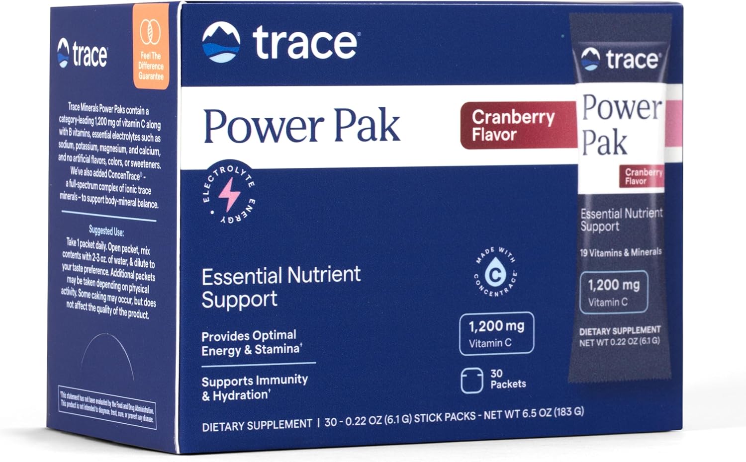 Trace Minerals Power Pak Multivitamin and Electrolyte Packets - 1200 mg Vitamin C with 70+ Trace Minerals - Cranberry Flavour - 30 Packets