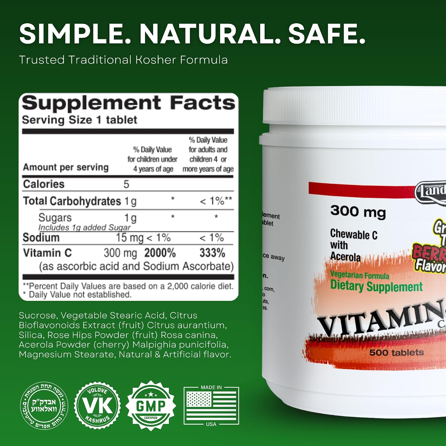 LANDAU Chewable Vitamin C with Acerola - 300 mg, 500 Berry-Flavoured Tablets
