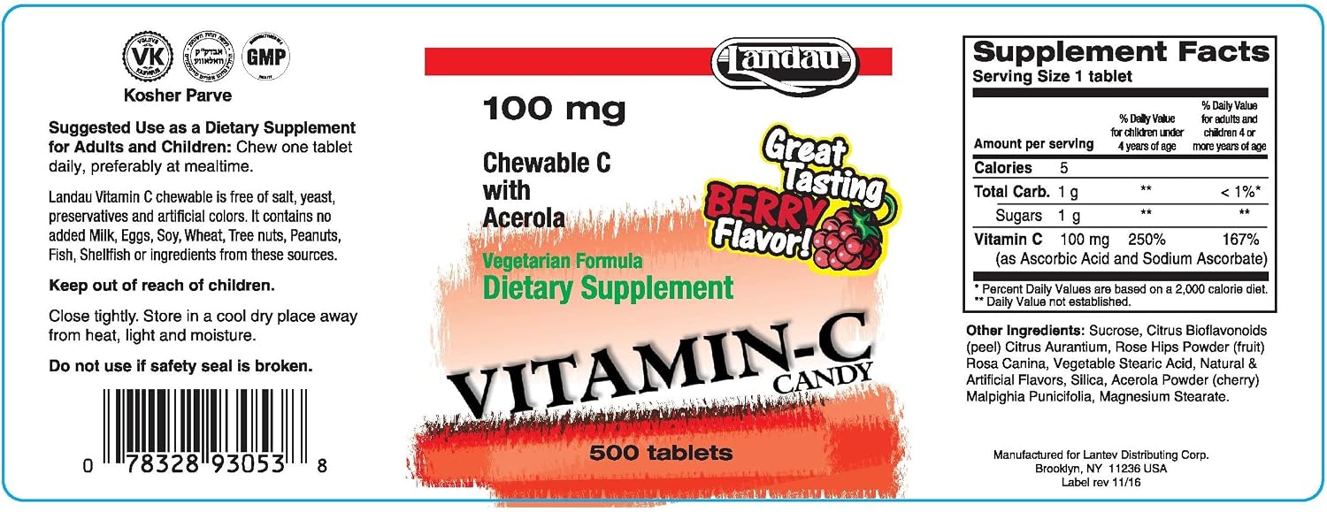 LANDAU Vitamin C Chewable 100 mg - 500 Chewable Tablets with Acerola, Berry Flavour