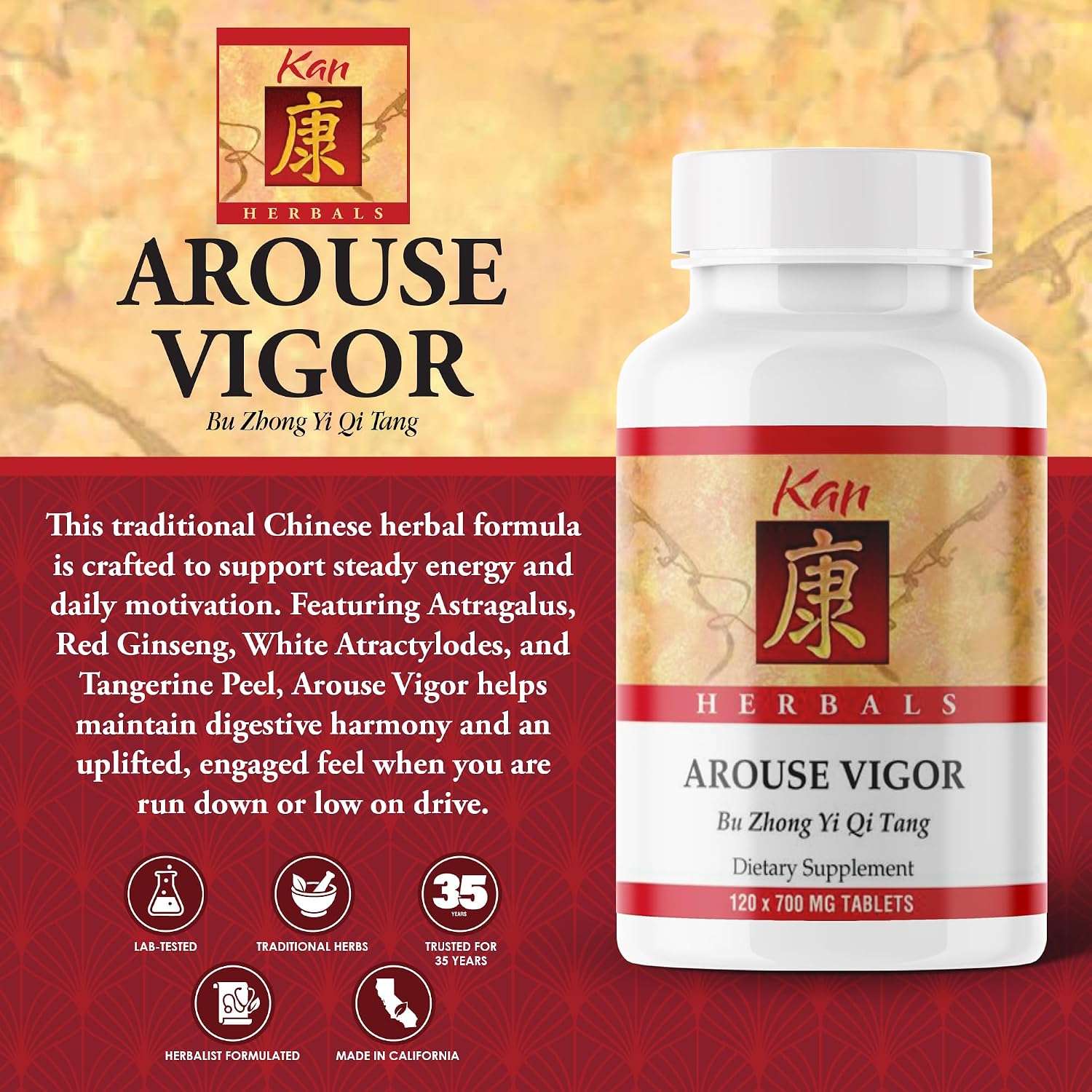 Kan Herb Company Arouse Vigour – Traditional Herbal Formula with Astragalus, Ginseng, Atractylodes (120 Tablets)
