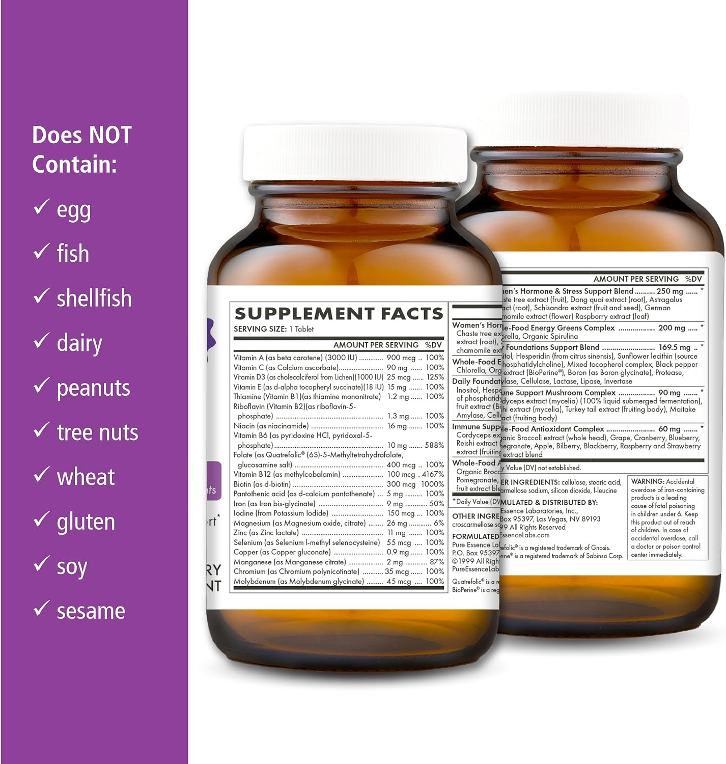 PURE ESSENCE LABS One N Only Multivitamin for Women, Natural Once-Daily Herbal Supplement with Vitamin D3, B12, and Biotin with Whole Foods, 30 Tablets