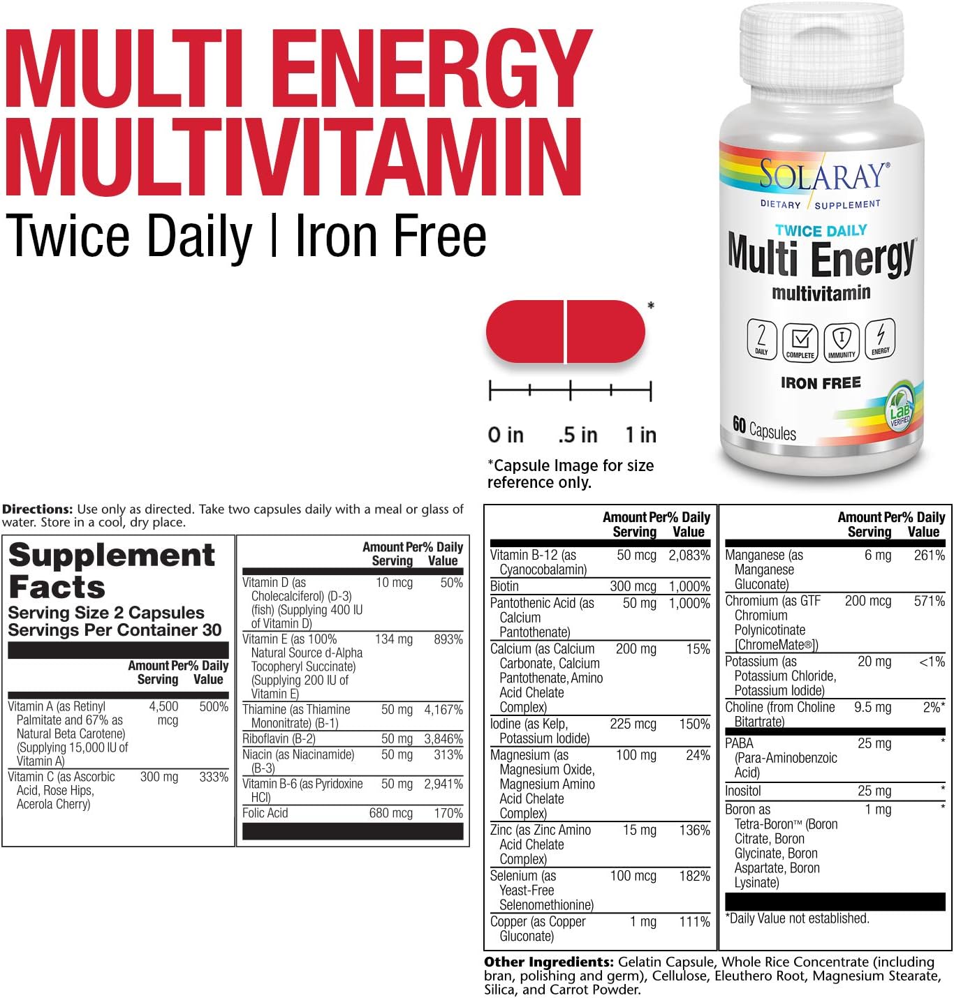 SOLARAY Twice Daily Multi Energy Multivitamin – Iron-Free, 120 Capsules