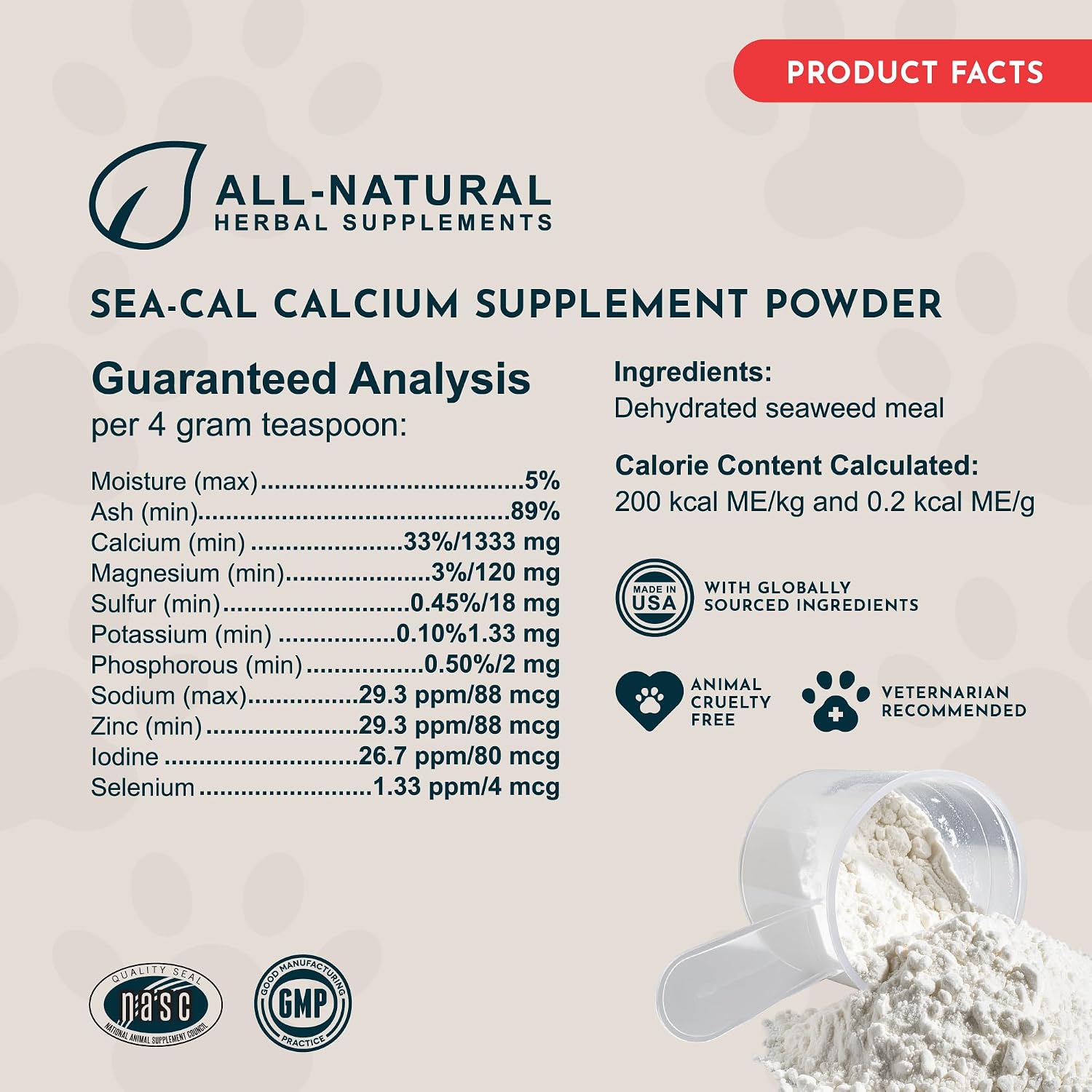Sea-Cal Pure Seaweed Calcium Powder for Dogs & Cats with Magnesium - 340 g