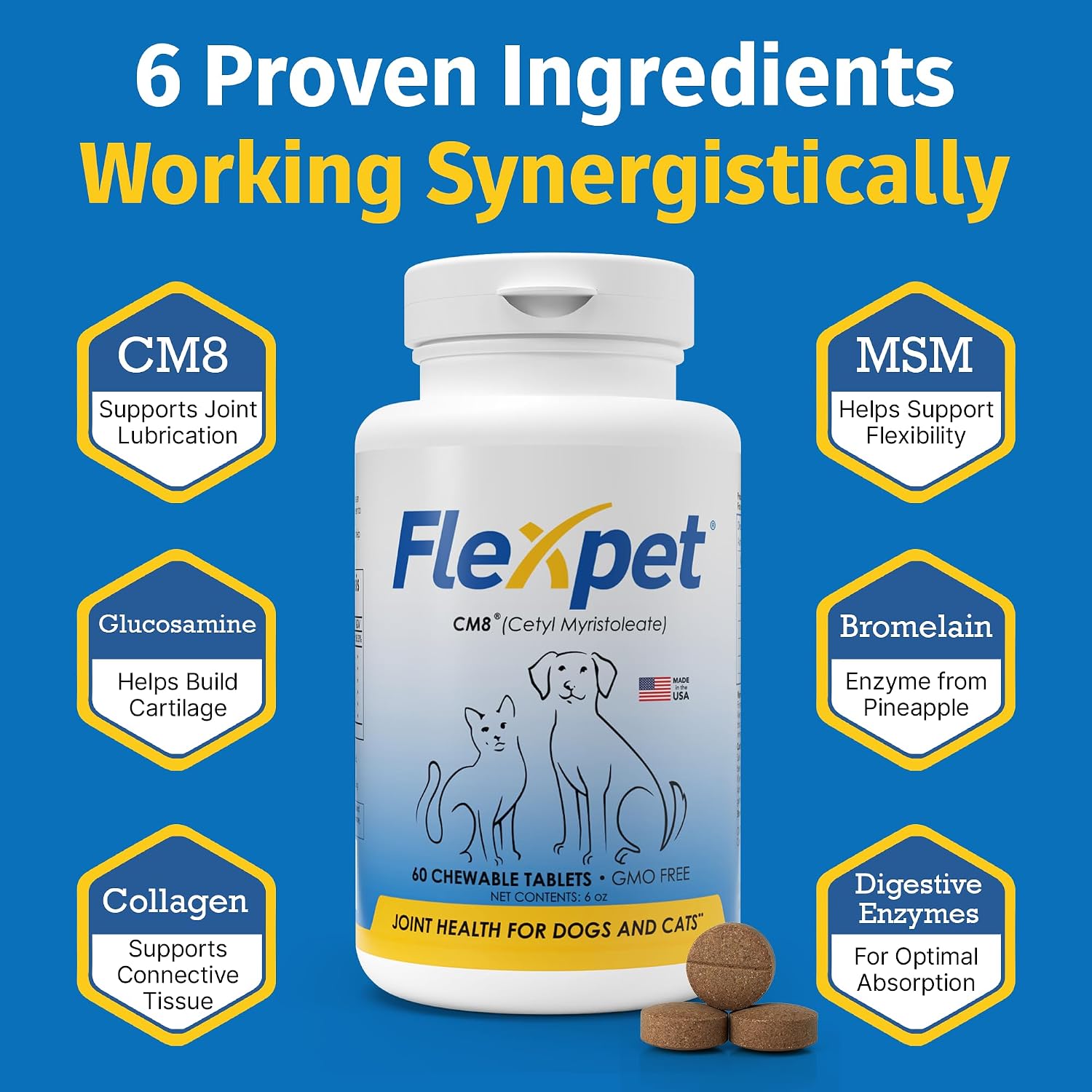 FlexPet Hip & Joint Supplement for Dogs & Cats with Cetyl Myristoleate, Glucosamine, Collagen, MSM – 180 Chewable Tablets (Pork Liver Flavour)