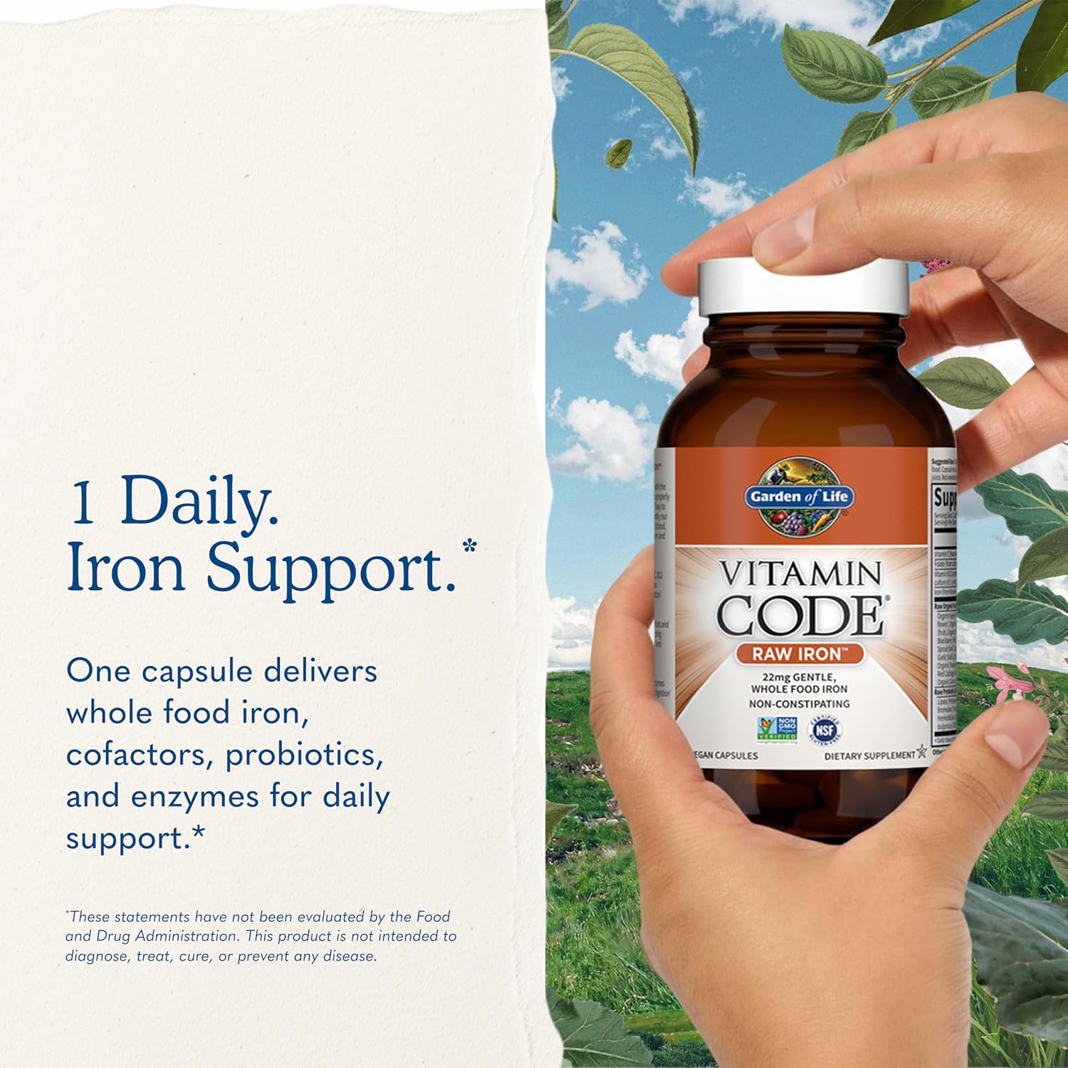 Garden of Life Vitamin Code Raw Iron Supplement - 30 Vegan Capsules, 22 mg Once Daily Iron, Vitamins C, B12, Folate, Fruit, Vegetables & Probiotics
