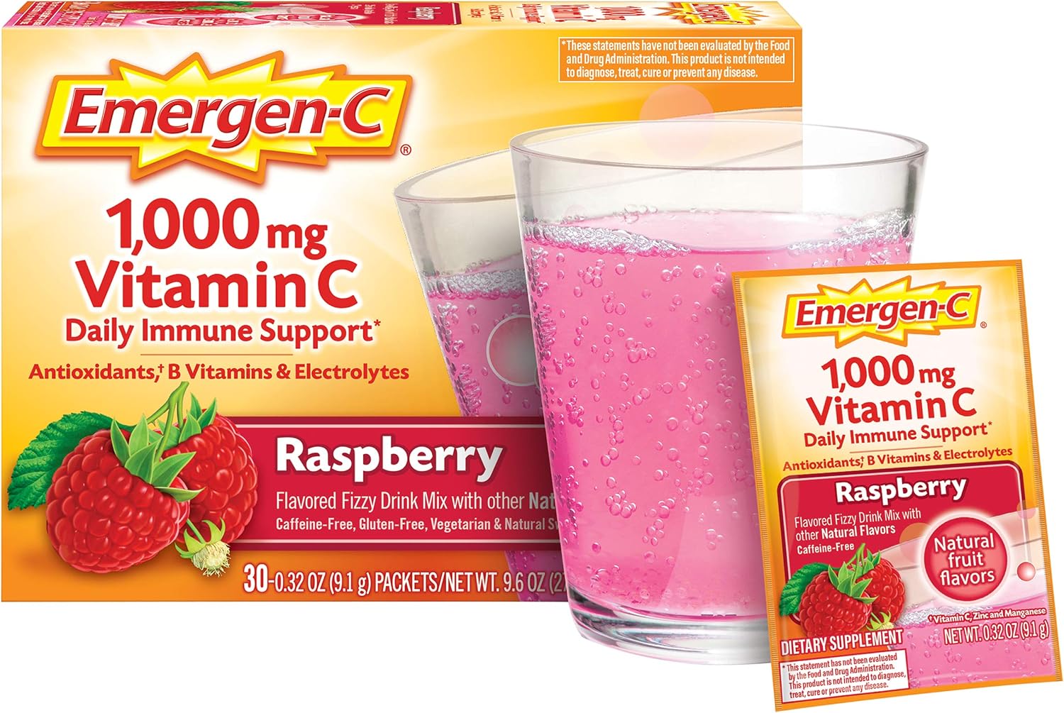 Emergen-C Original Formula Vitamin C Powder, Raspberry, 30 Packets