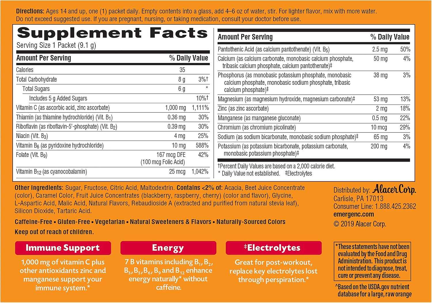 Emergen-C Original Formula Vitamin C Powder, Raspberry, 30 Packets