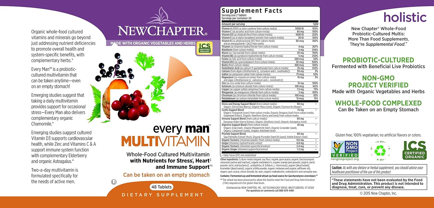 New Chapter Men's Multivitamin, Every Man - Fermented with Probiotics + Selenium + B Vitamins + Vitamin D3 - 48 tablets