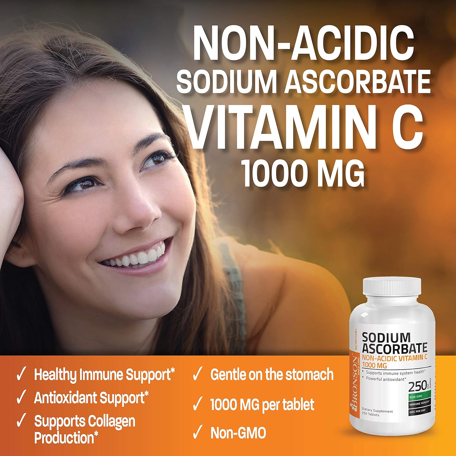 Bronson Sodium Ascorbate Non-Acidic Vitamin C 1000 mg Tablets, 250 Count