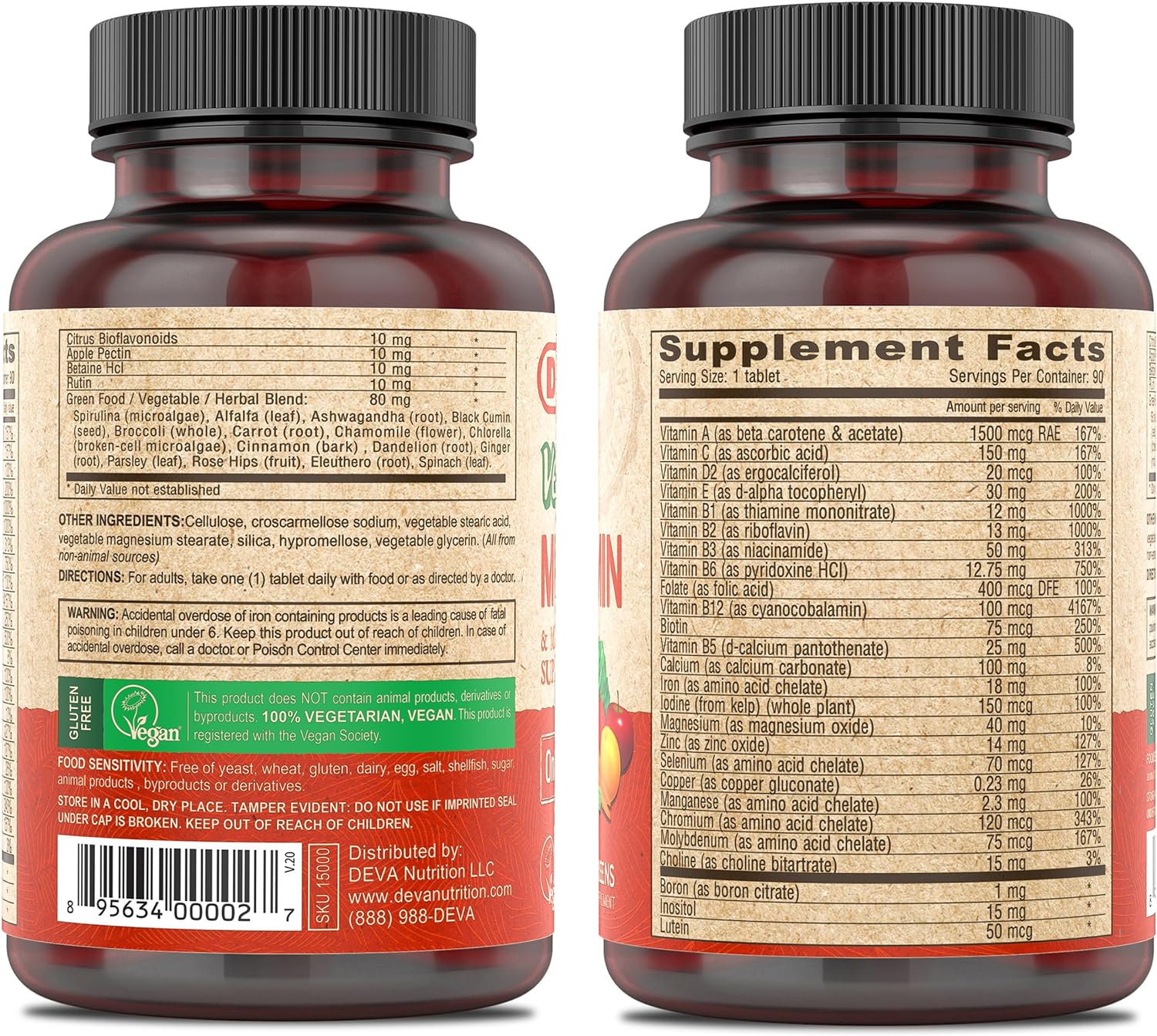 DEVA Vegan Multivitamin & Mineral Supplement with Iron – 2-Pack (180 Coated Tablets)