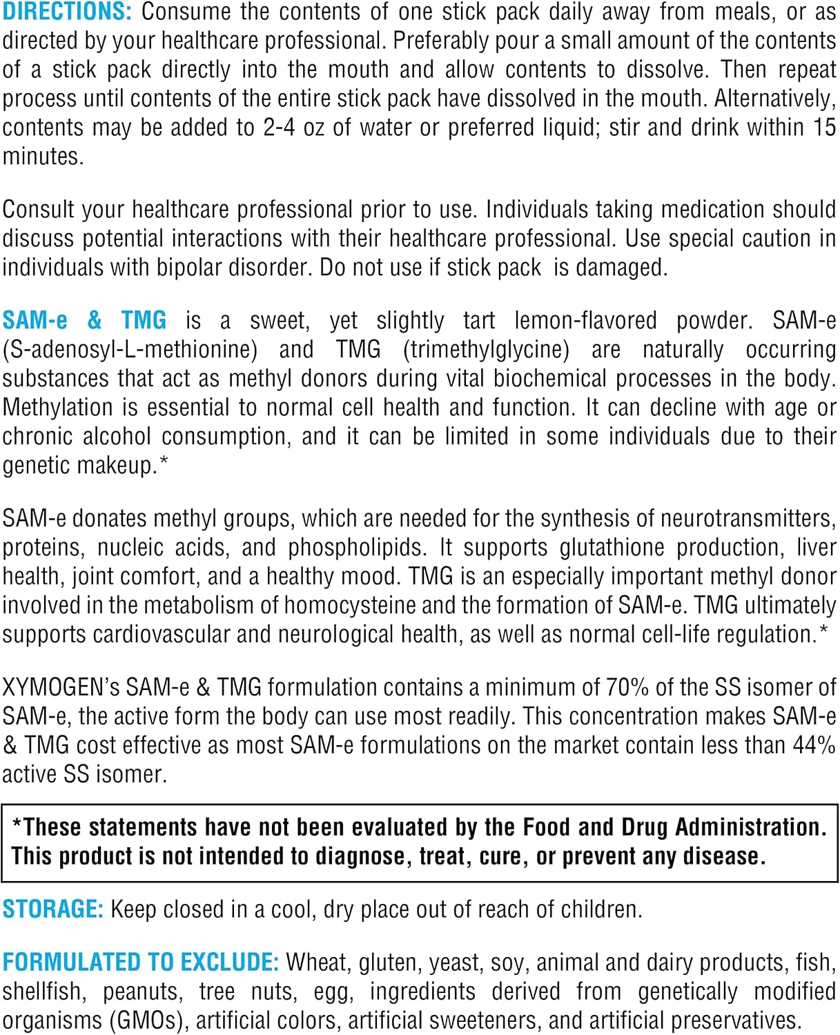 XYMOGEN SAM-e & TMG - 400 mg SAM-e & 600 mg TMG - Methylation Support - Gluten-Free, Vegan - Lemon Flavour - 30 Servings