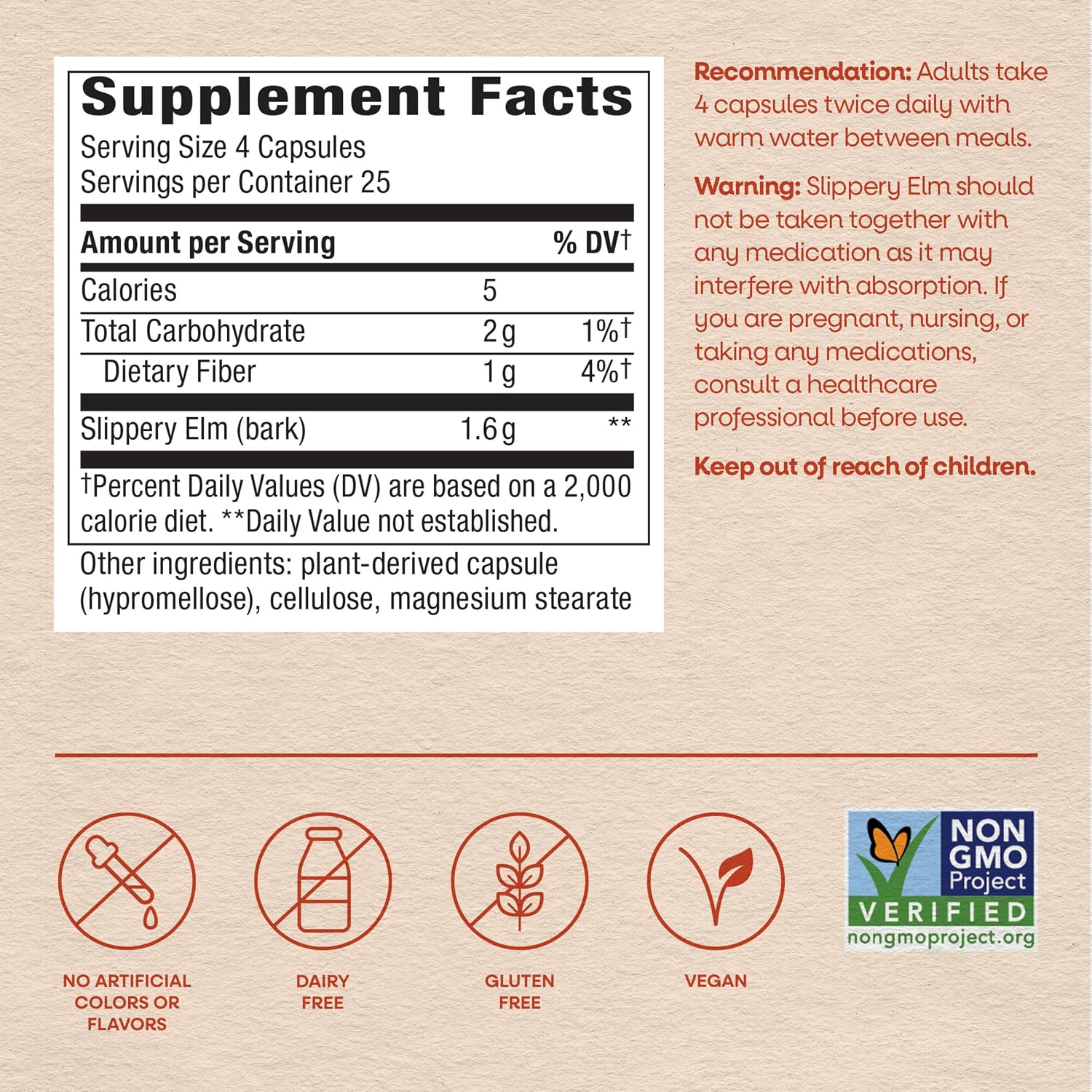 Nature's Way Slippery Elm Bark Capsules – Traditional Digestive Support – 1,600 mg per Serving – Vegan – 100 Capsules