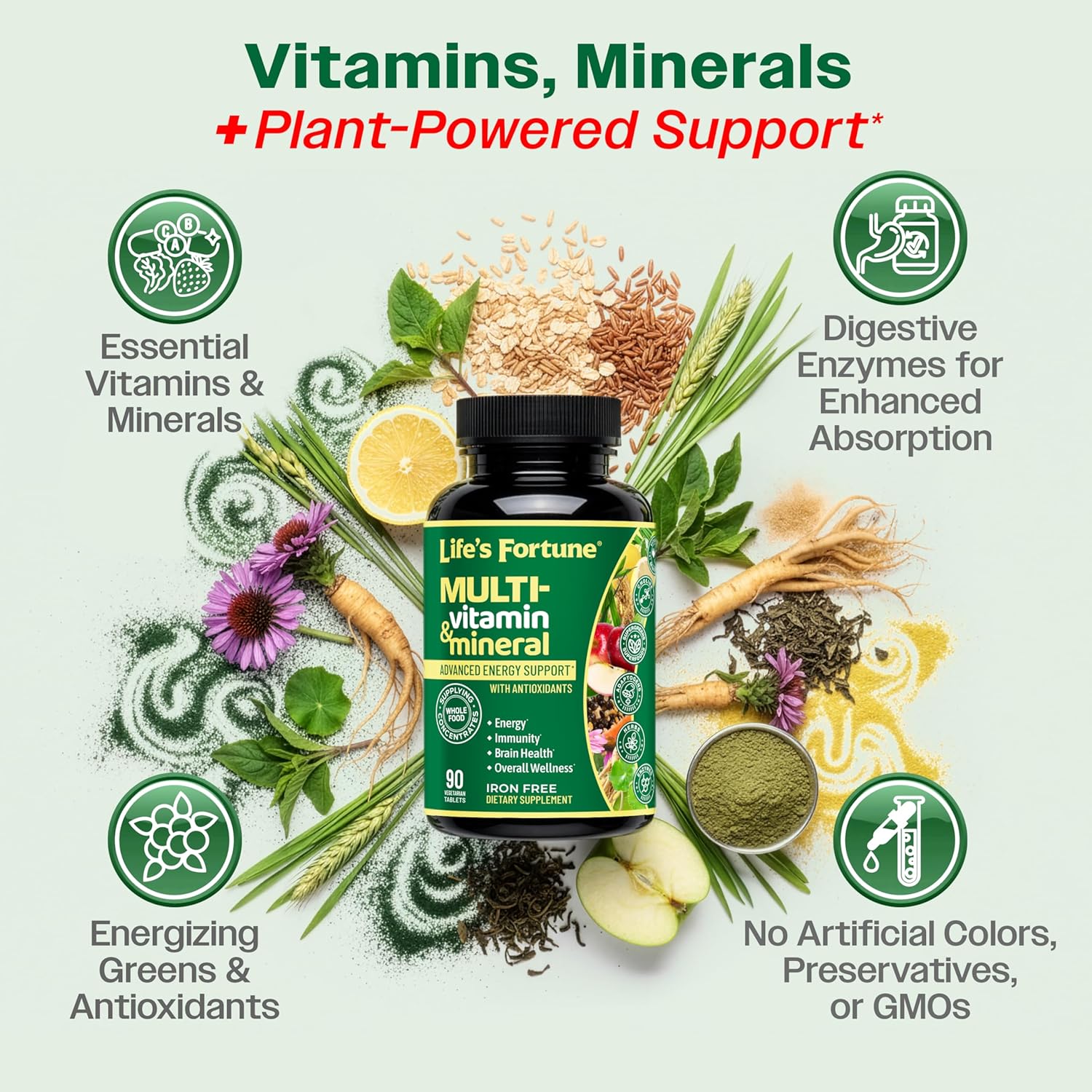 Life's Fortune Whole Food Multivitamin & Mineral Supplement – Iron Free, 90 Vegetarian Tablets
