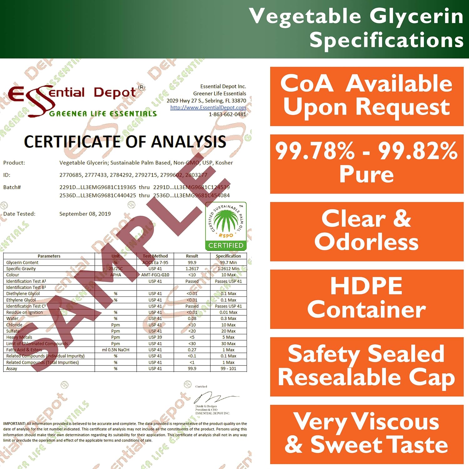 Vegetable Glycerin – 1 Pint (473 mL) – RSPO Sustainable Palm, Non-GMO, Kosher, USP Food Grade