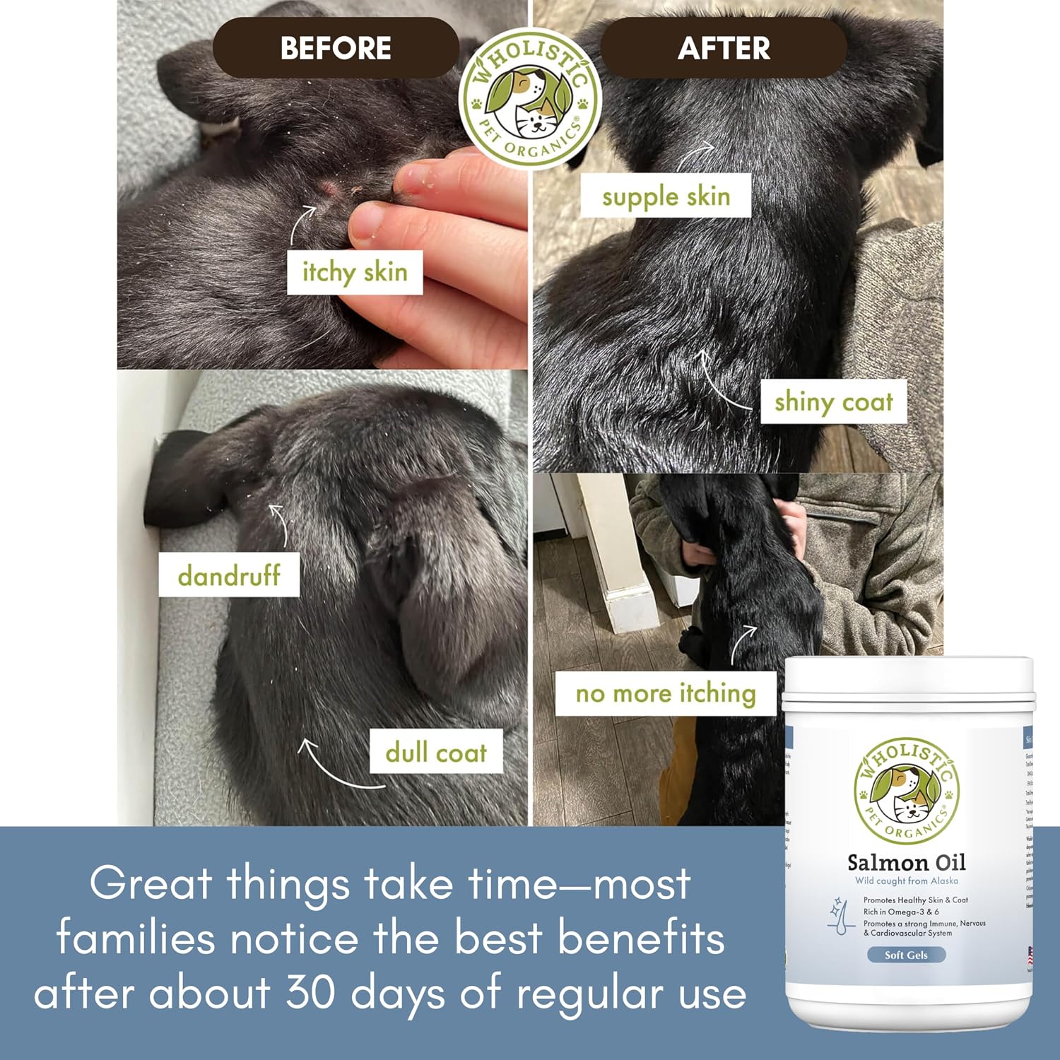 Wholistic Pet Organics Wild Alaskan Salmon Oil for Dogs - Omega-3 Fish Oil with EPA & DHA, 500 Softgels