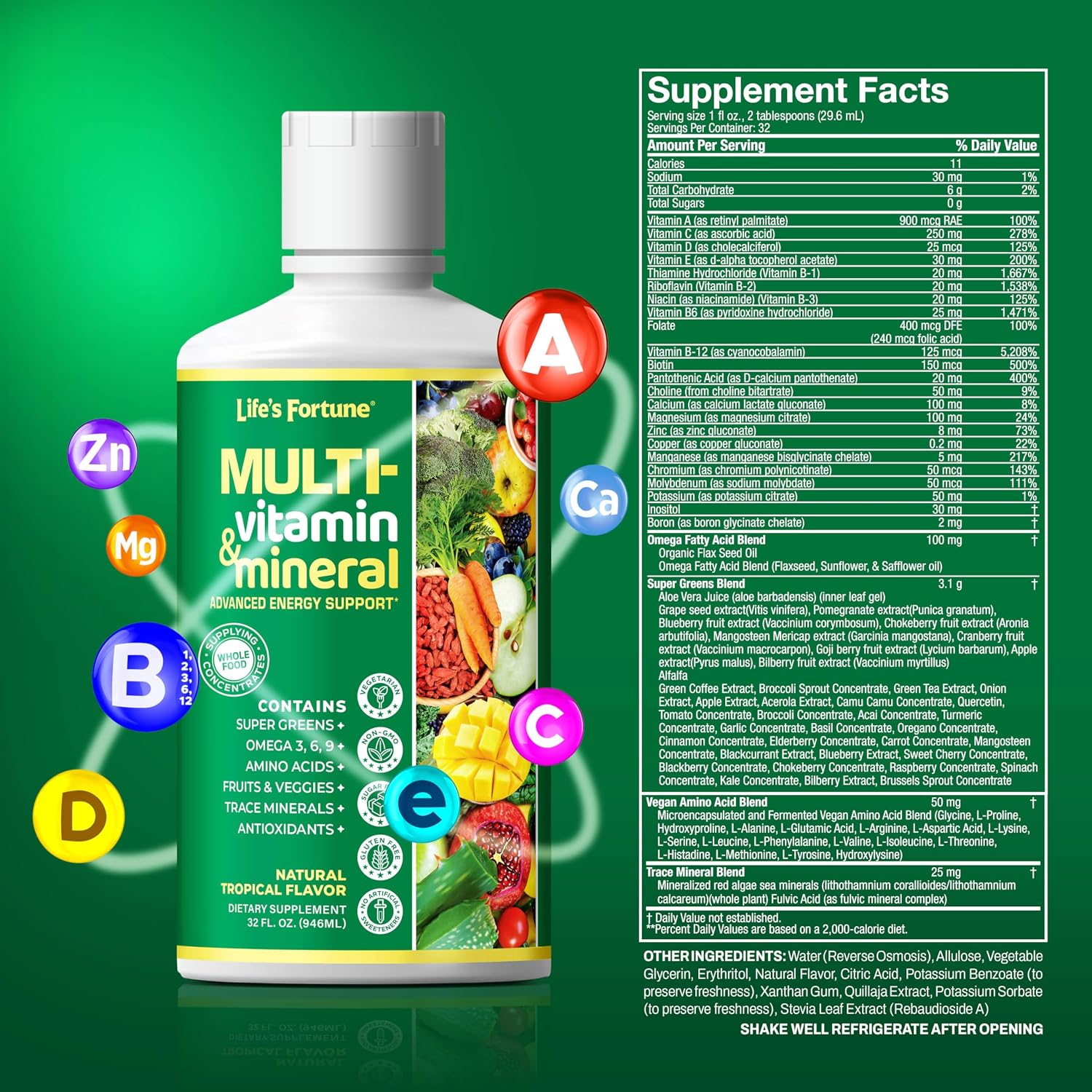 Life’s Fortune Liquid Multivitamin for Adults and Seniors - Fast Absorption, 90+ Nutrients, Tropical Flavour, 1 L