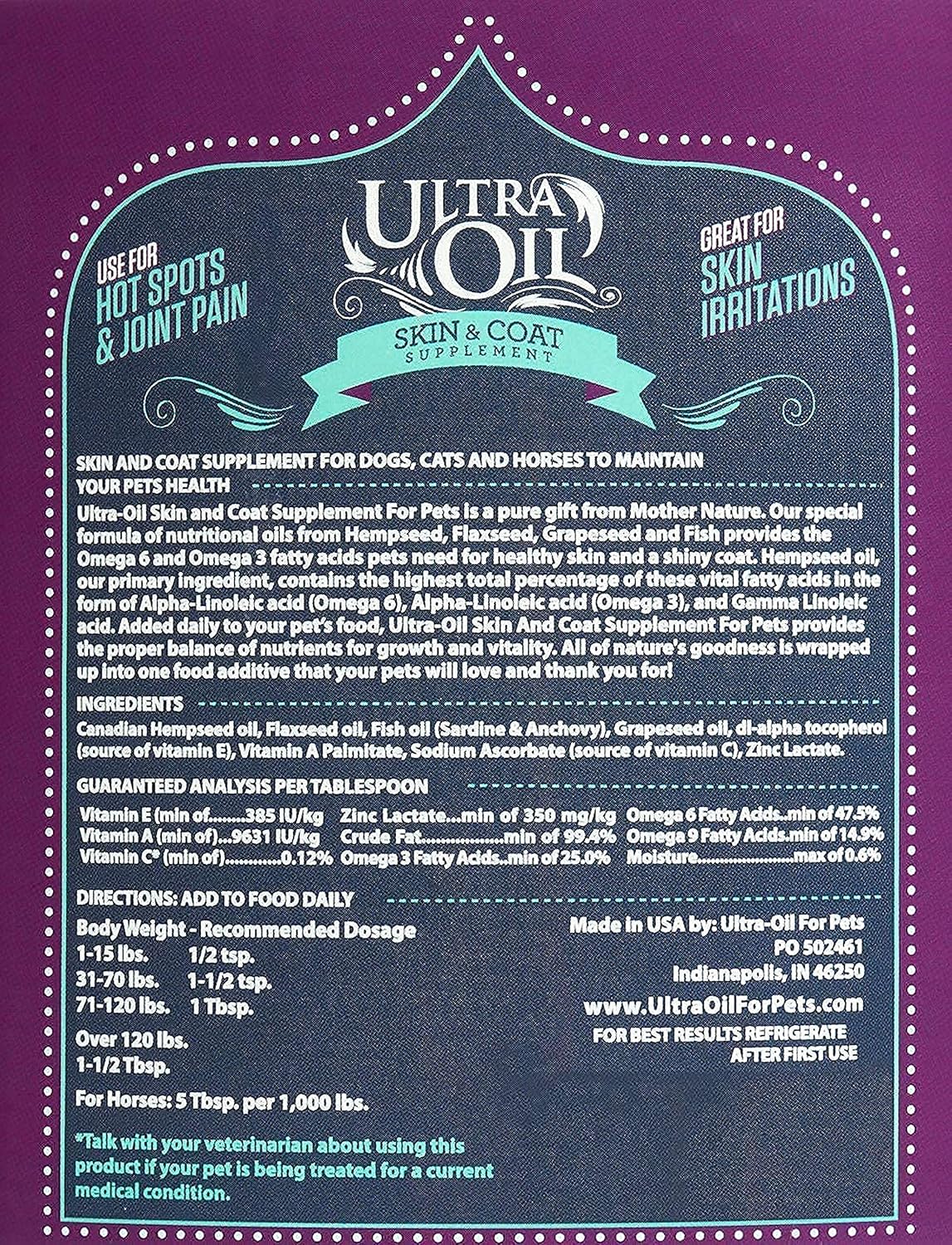 Ultra Oil Skin and Coat Supplement for Dogs and Cats – Hemp Seed, Flaxseed, Grape Seed & Fish Oils